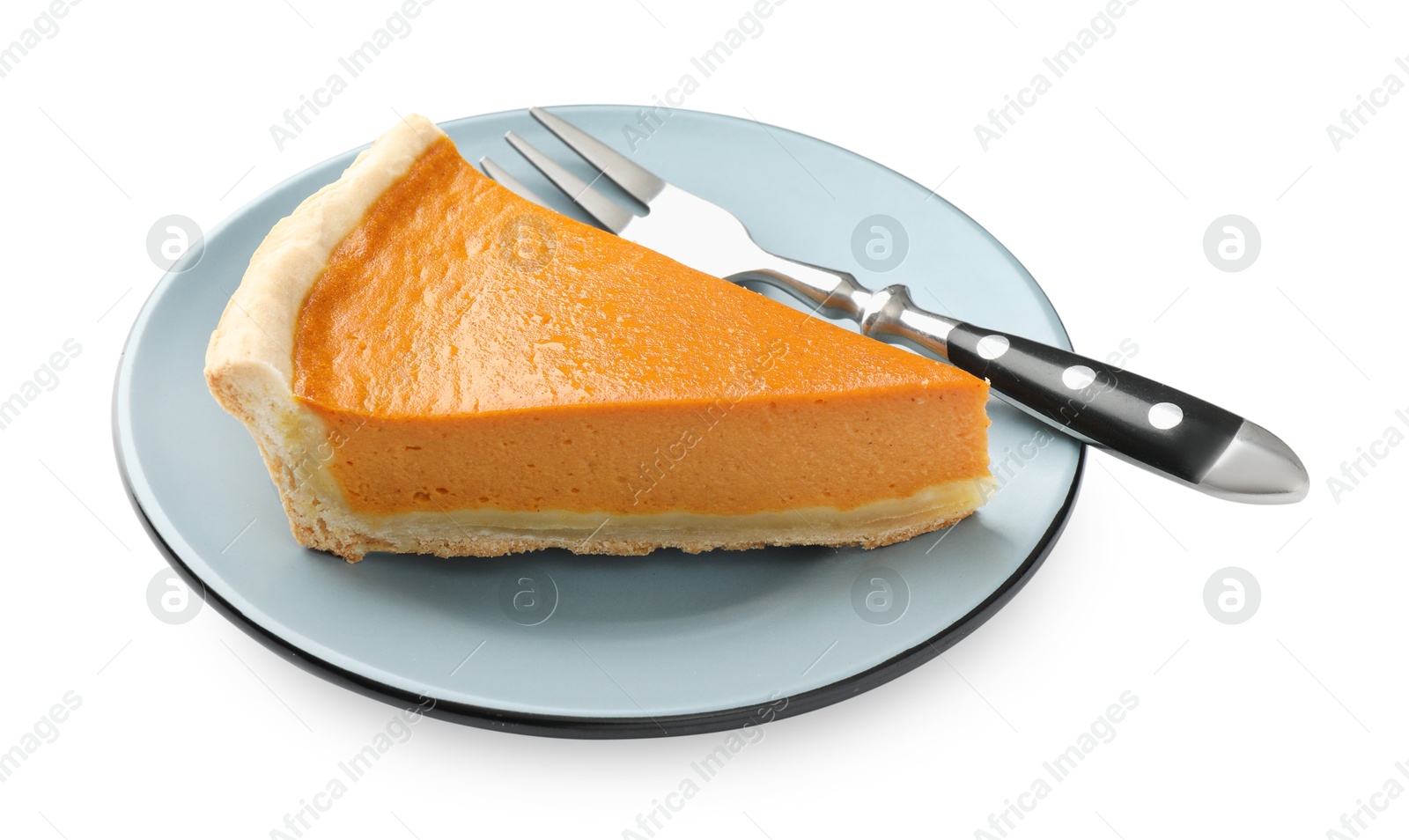 Photo of Piece of tasty homemade pumpkin pie and fork isolated on white