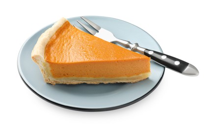 Photo of Piece of tasty homemade pumpkin pie and fork isolated on white