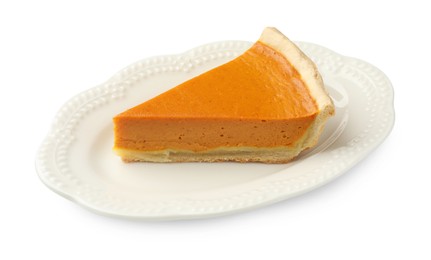 Photo of Piece of tasty homemade pumpkin pie isolated on white