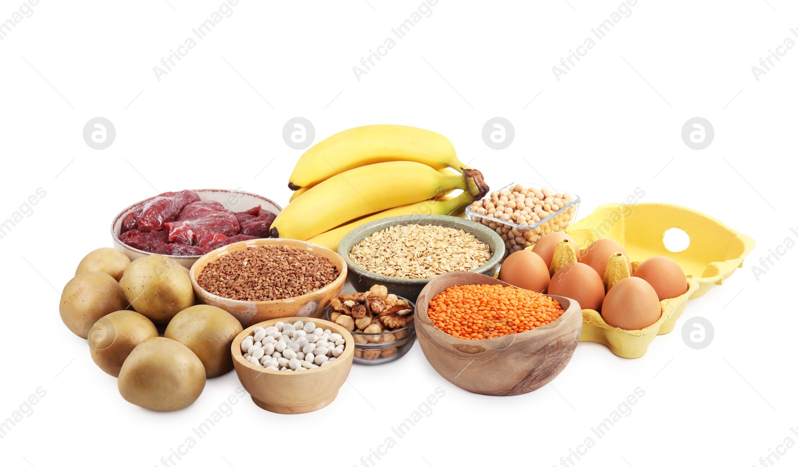 Photo of Different products rich in iron on white background. Anemia diet plan