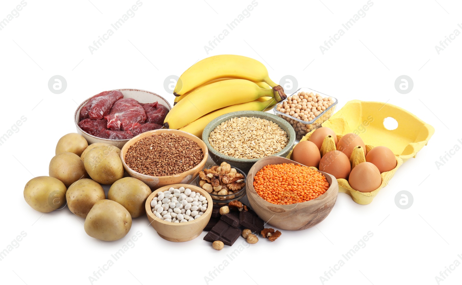 Photo of Different products rich in iron on white background. Anemia diet plan