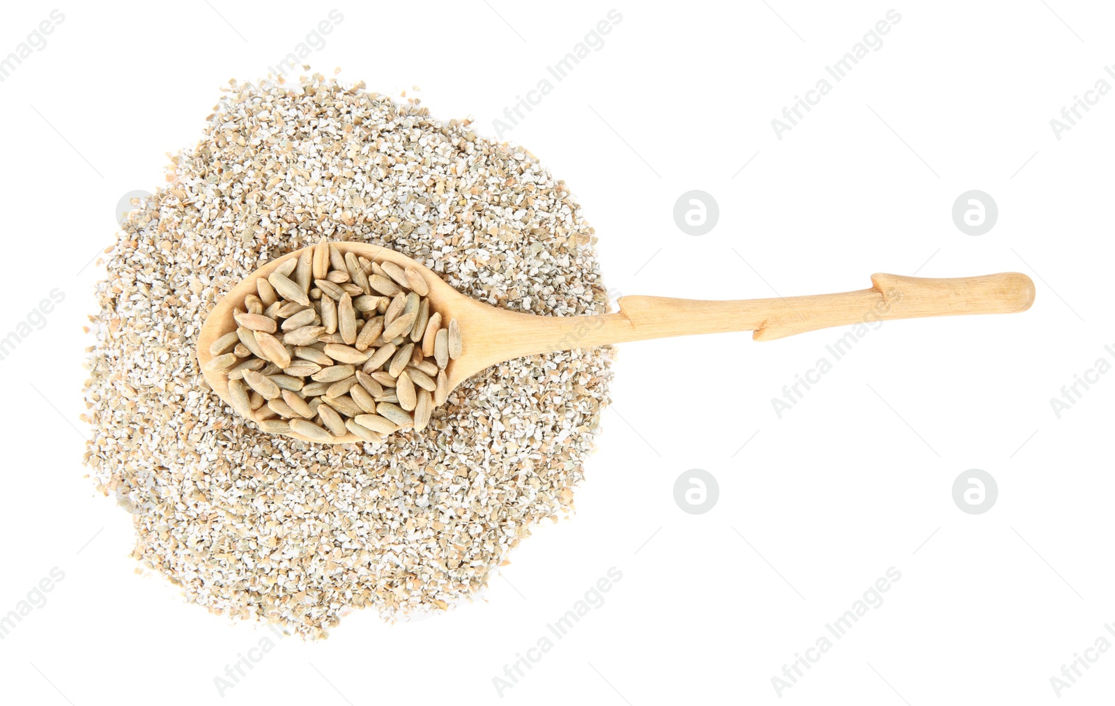 Photo of Spoon with fresh rye bran kernels isolated on white, top view