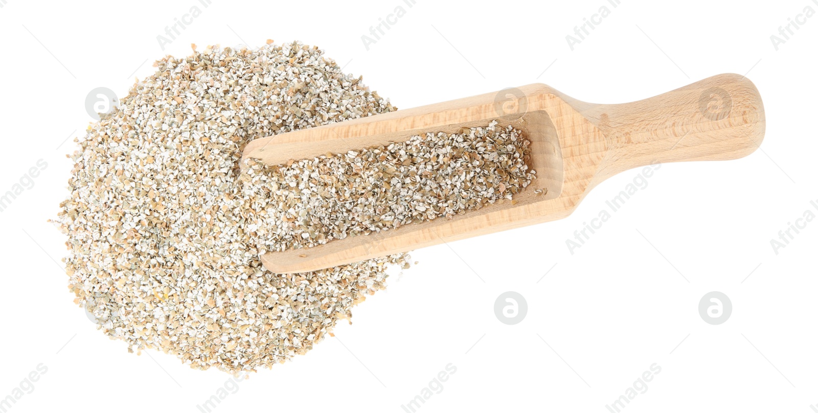 Photo of Pile of fresh rye bran and scoop isolated on white, top view