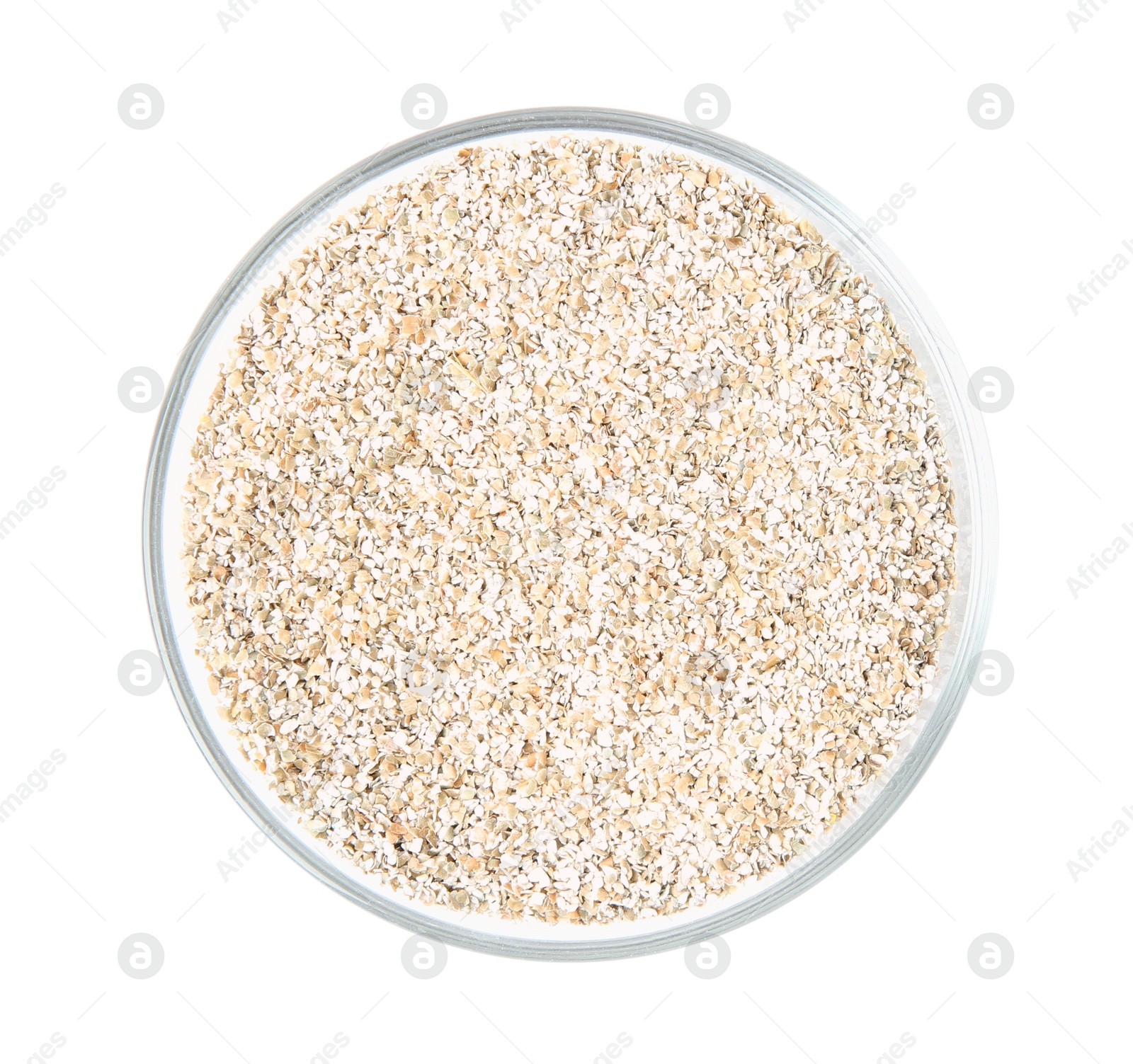 Photo of Fresh rye bran in bowl isolated on white, top view