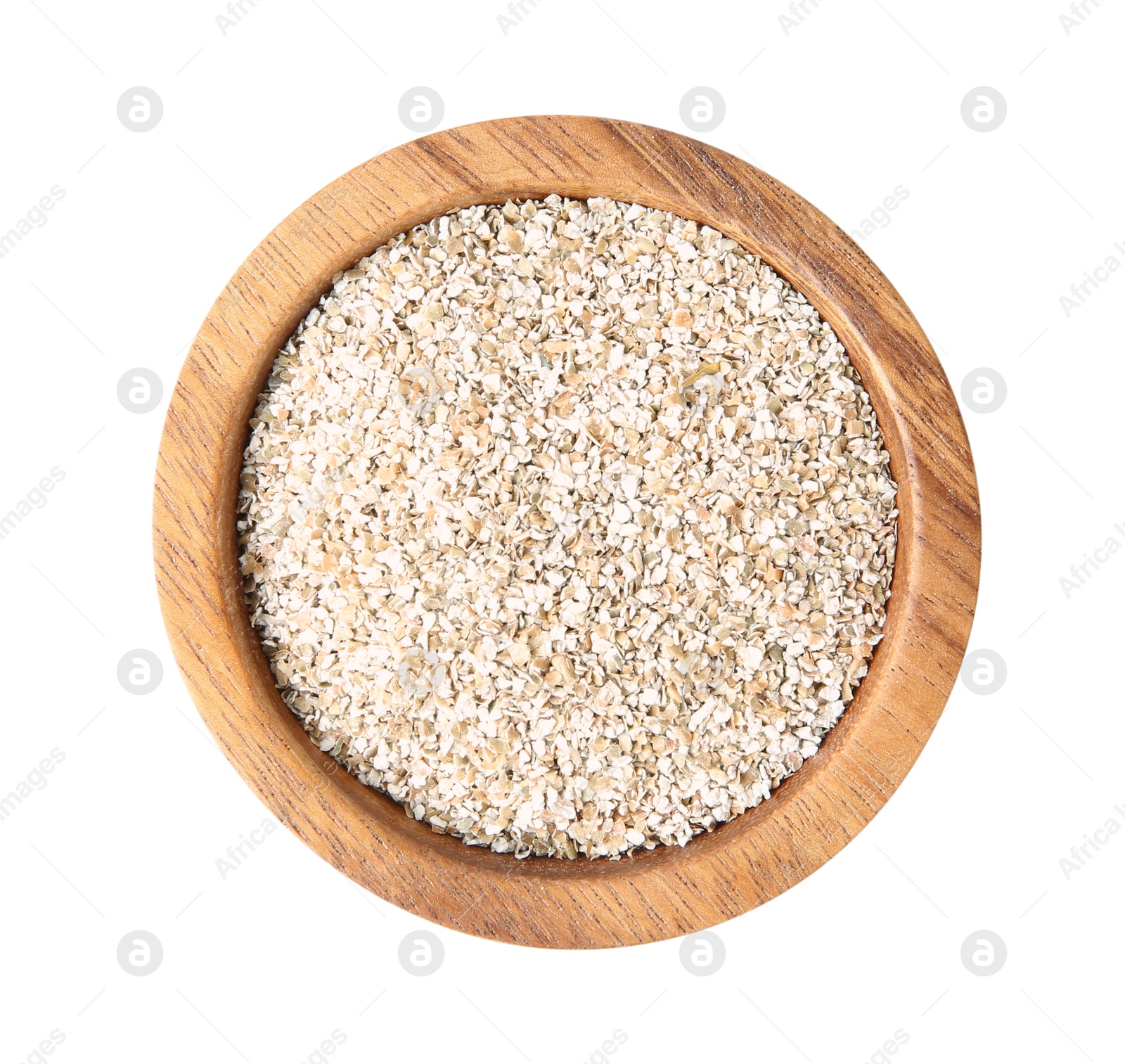 Photo of Fresh rye bran in bowl isolated on white, top view