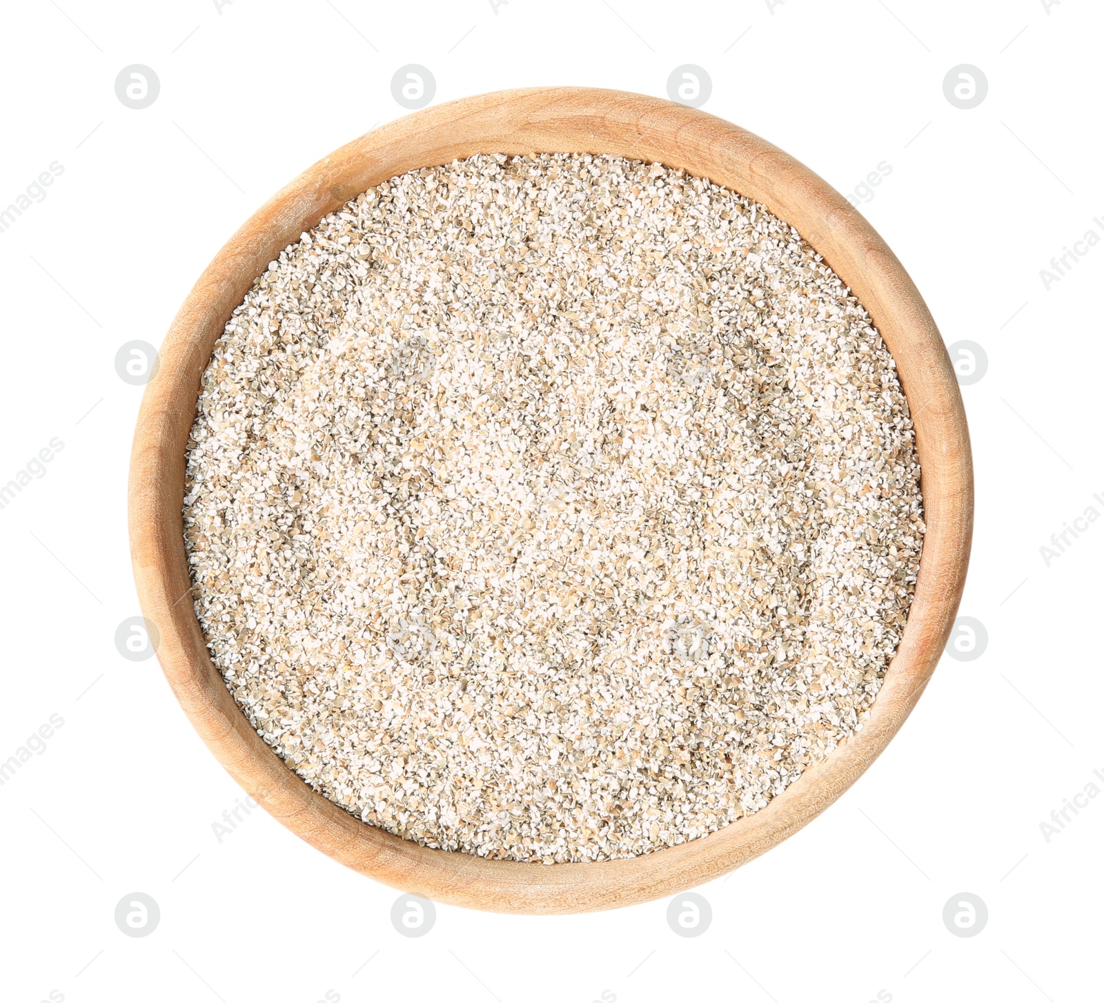 Photo of Fresh rye bran in bowl isolated on white, top view