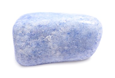 Photo of Beautiful blue quartz crystal isolated on white. Natural gemstone