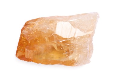 Photo of Beautiful calcite crystal isolated on white. Natural gemstone