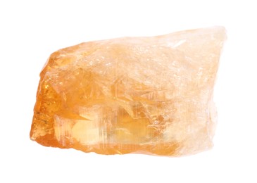 Photo of Beautiful calcite crystal isolated on white. Natural gemstone