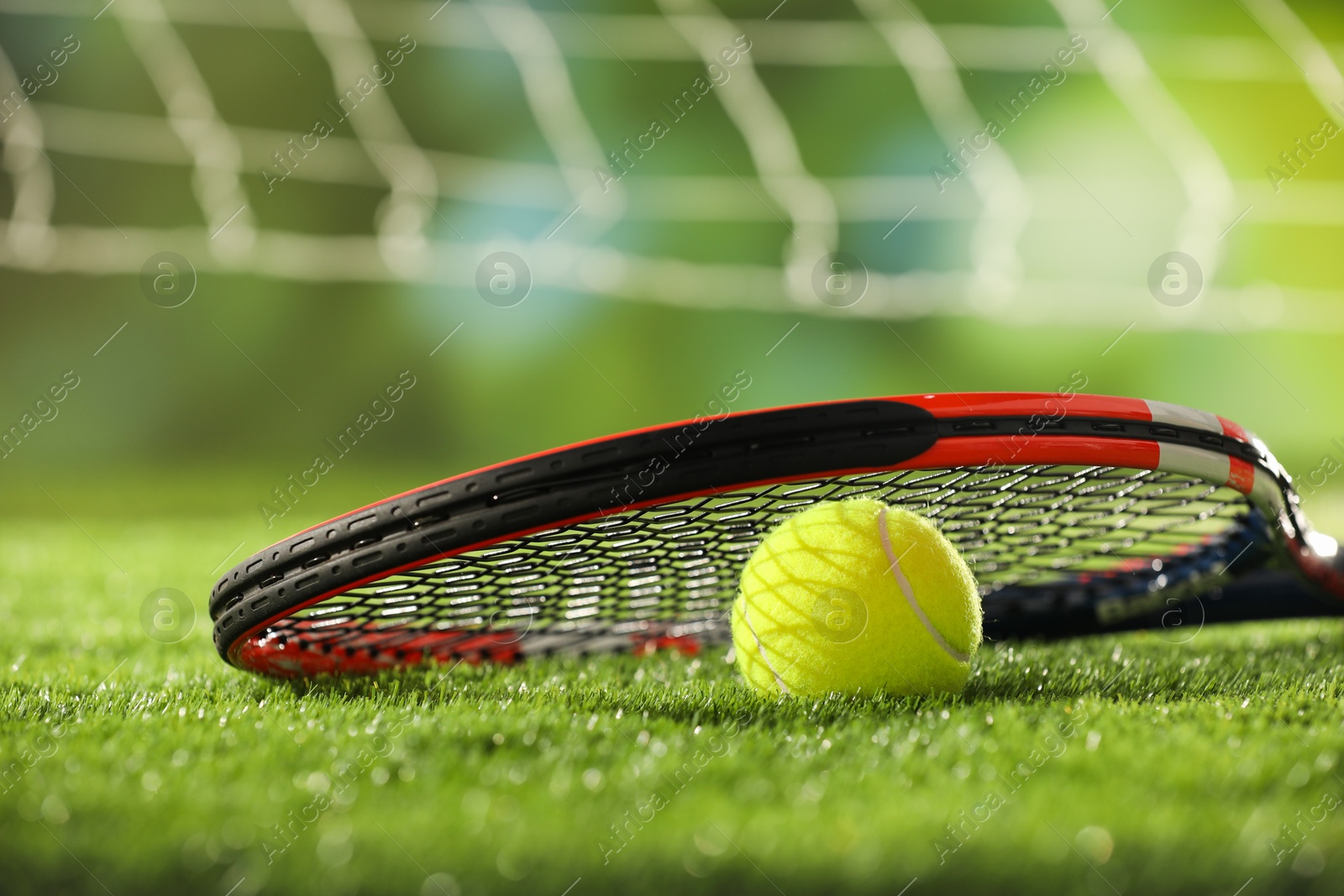 Photo of Tennis racket and ball on green artificial grass, closeup