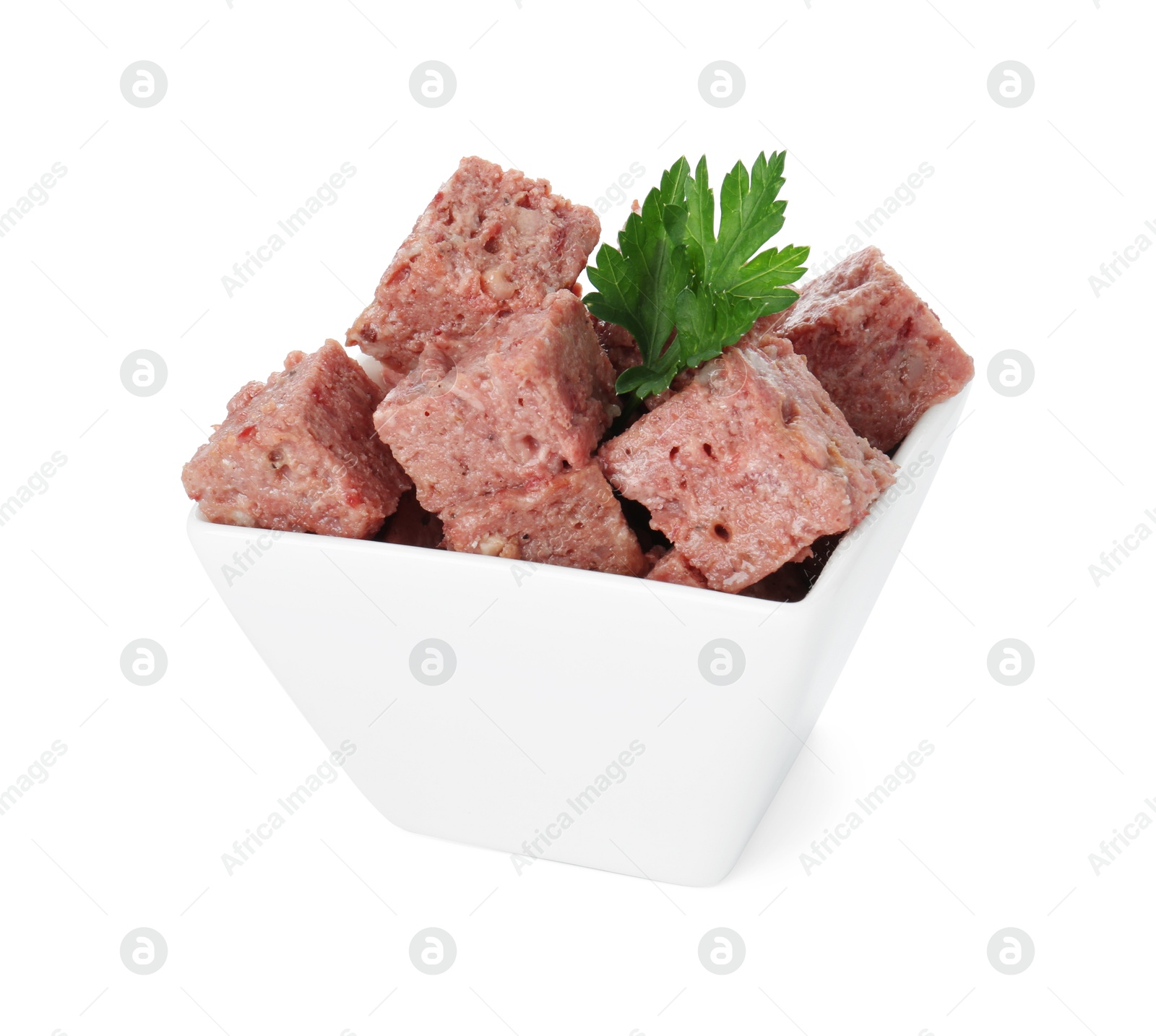 Photo of Canned meat with fresh parsley in bowl isolated on white