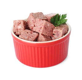 Photo of Canned meat with fresh parsley in bowl isolated on white