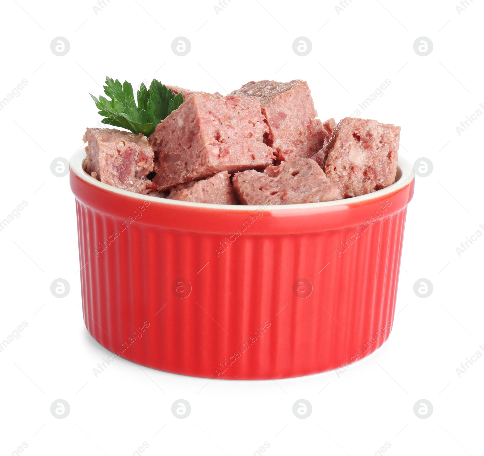 Photo of Canned meat with fresh parsley in bowl isolated on white