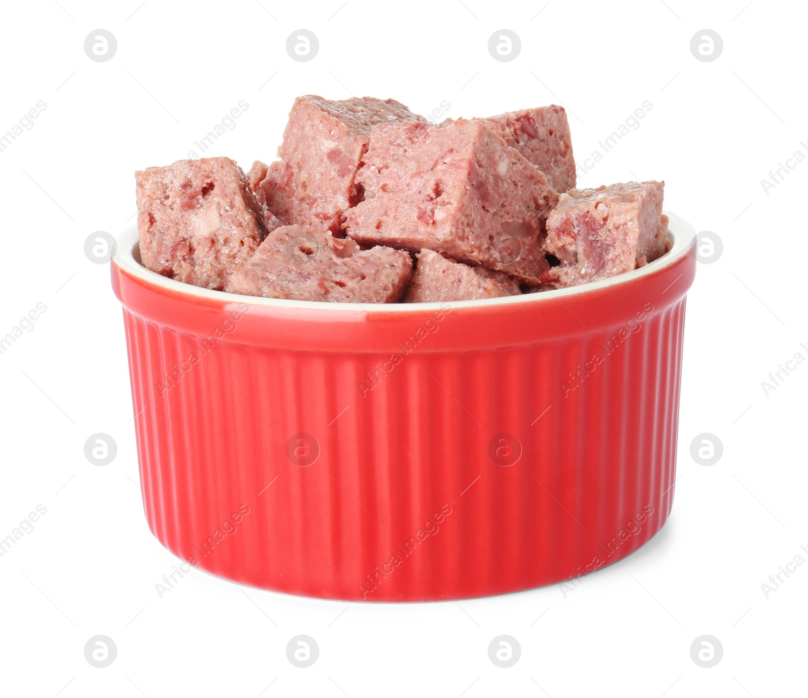 Photo of Canned meat in bowl isolated on white