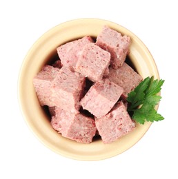 Canned meat with fresh parsley in bowl isolated on white, top view