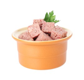 Photo of Canned meat with fresh parsley in bowl isolated on white