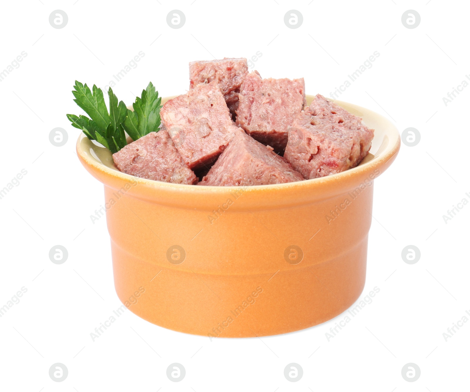 Photo of Canned meat with fresh parsley in bowl isolated on white