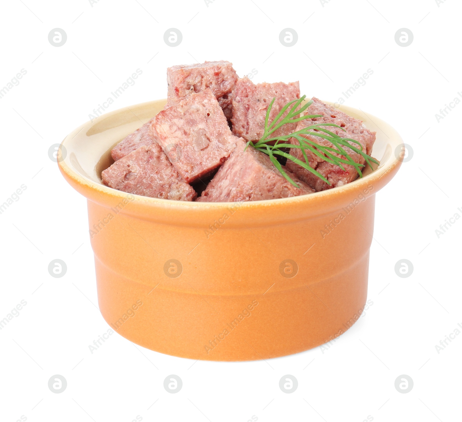 Photo of Canned meat with fresh dill in bowl isolated on white