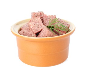 Photo of Canned meat with fresh dill in bowl isolated on white