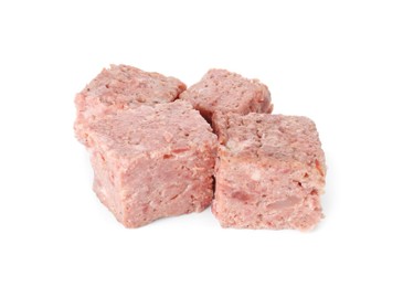 Photo of Pieces of canned meat isolated on white