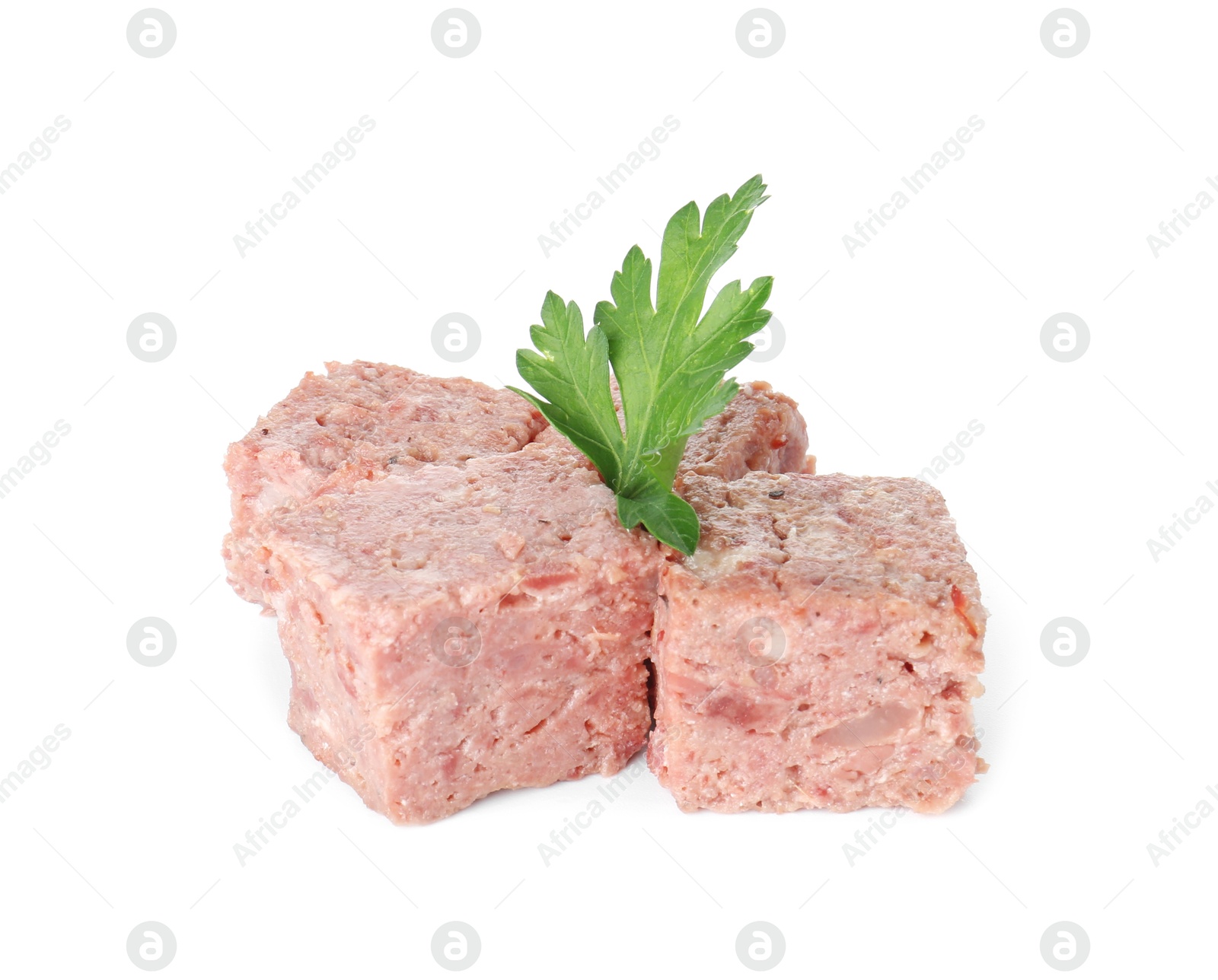 Photo of Canned meat with fresh parsley isolated on white