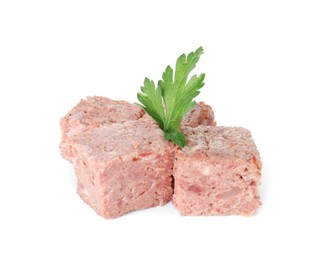 Canned meat with fresh parsley isolated on white