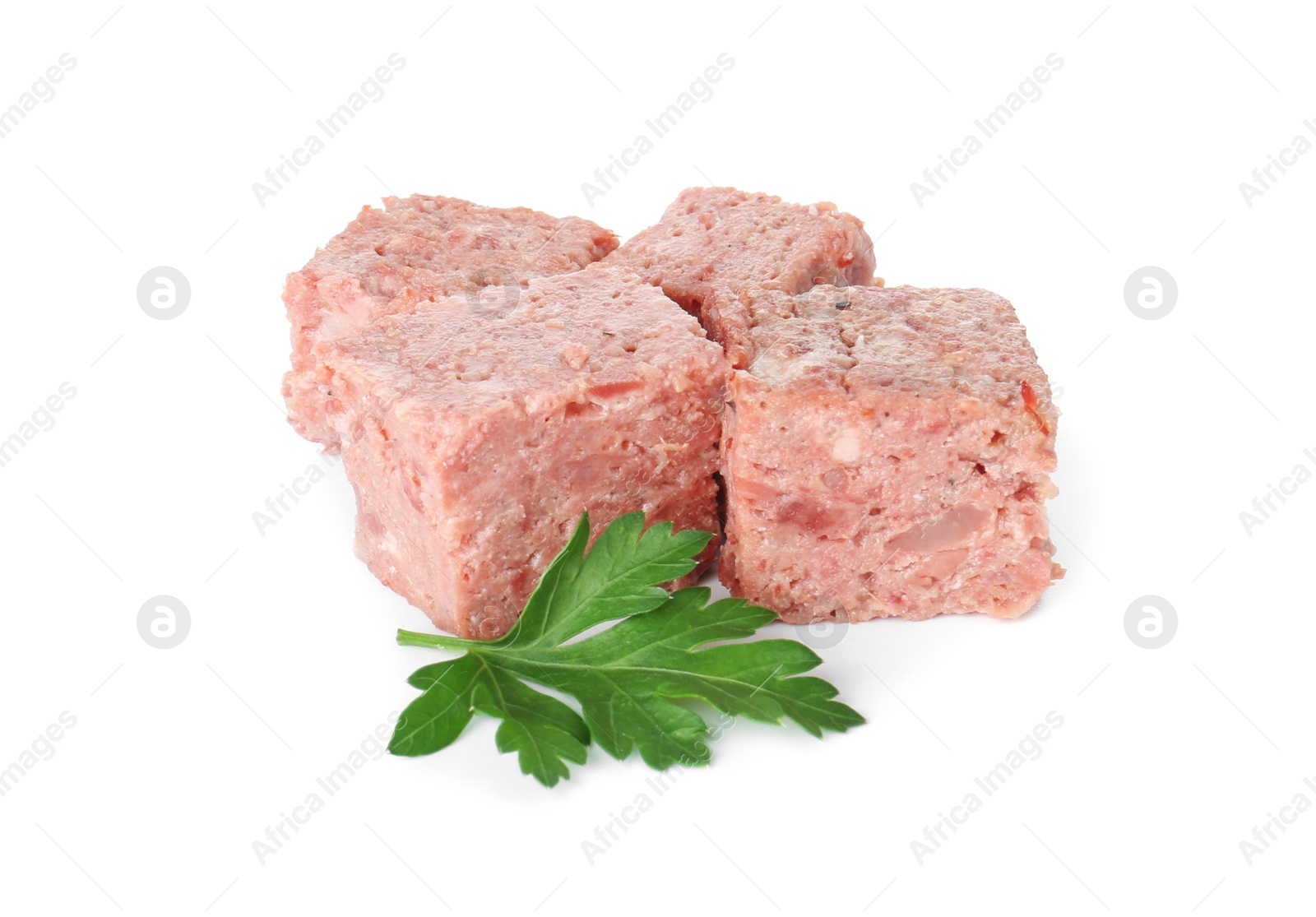 Photo of Canned meat with fresh parsley isolated on white