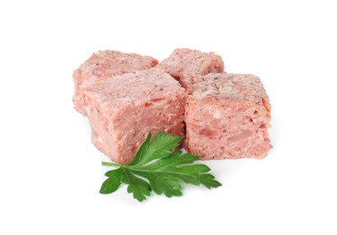 Photo of Canned meat with fresh parsley isolated on white