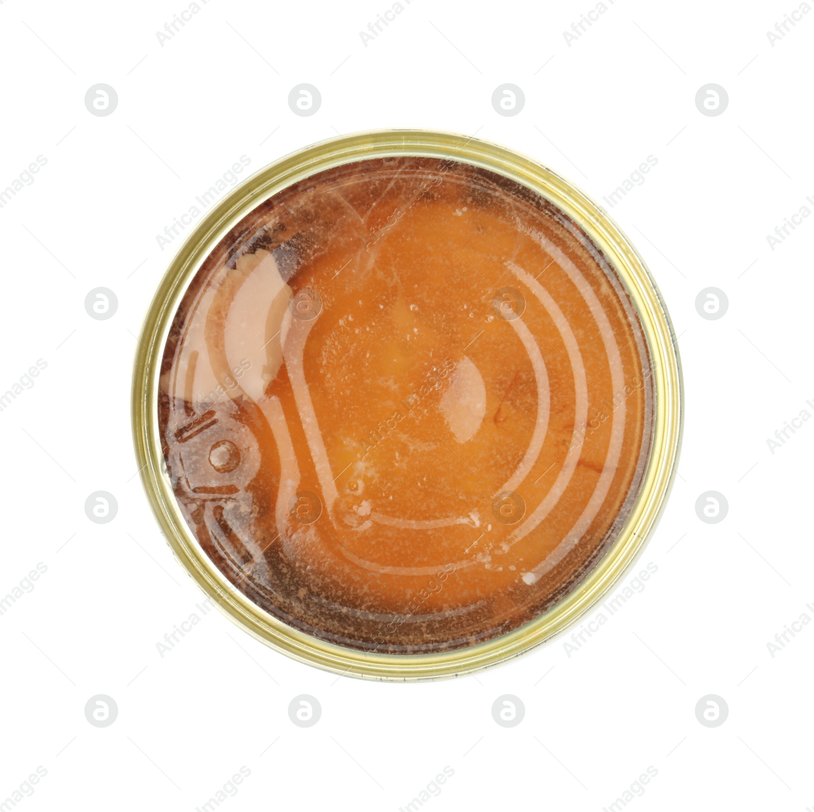 Photo of Canned meat in tin can isolated on white, top view