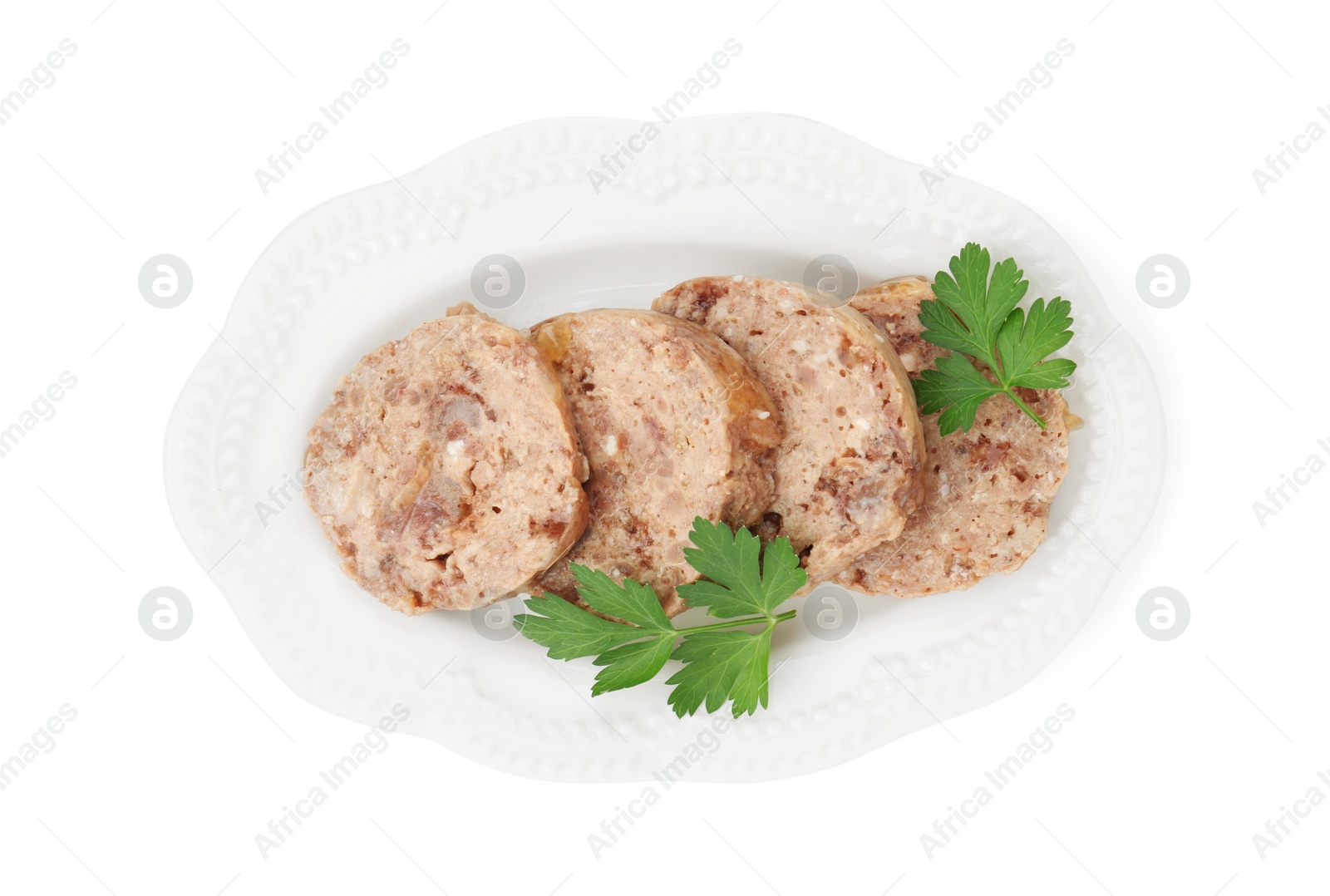 Photo of Canned meat with fresh parsley isolated on white, top view