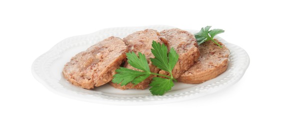 Photo of Canned meat with fresh parsley isolated on white