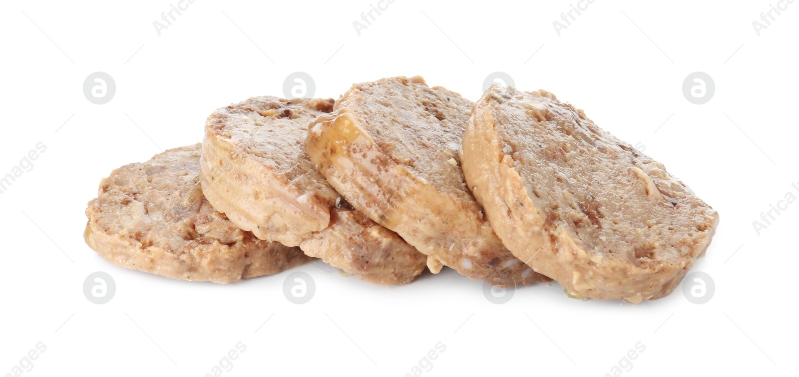 Photo of Pieces of canned meat isolated on white