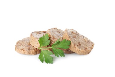 Photo of Canned meat with fresh parsley isolated on white