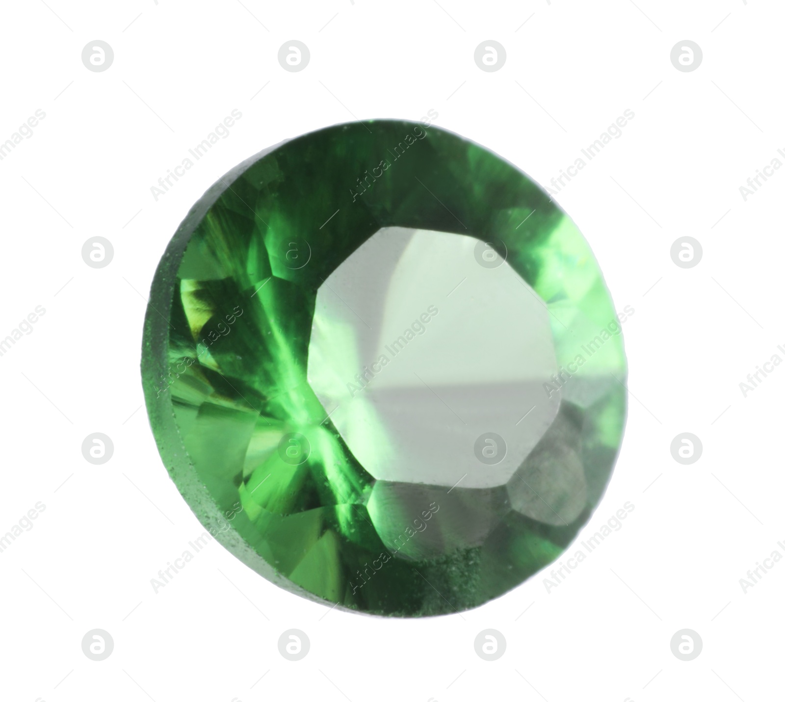 Photo of One shiny green gemstone isolated on white