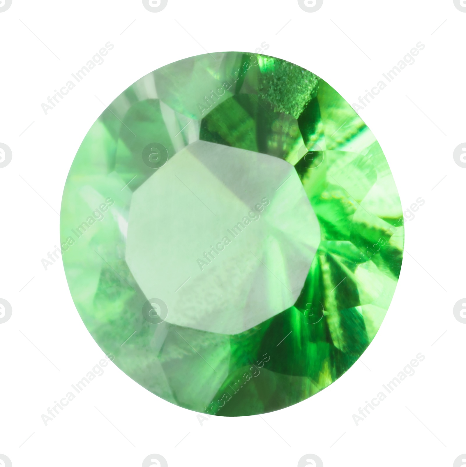 Photo of One shiny green gemstone isolated on white