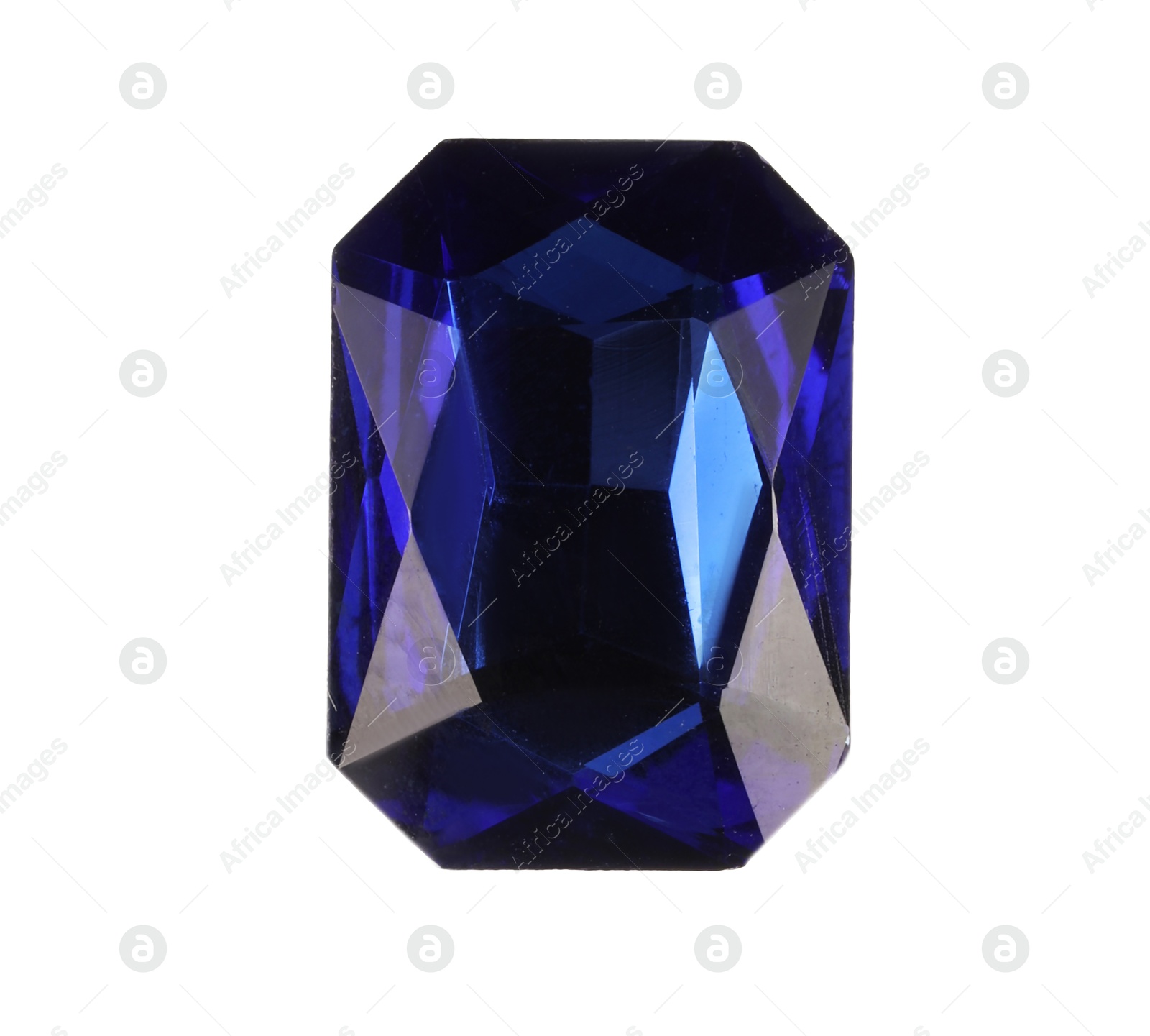 Photo of One shiny blue gemstone isolated on white, top view