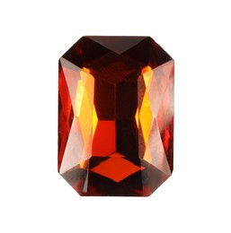 Photo of One shiny red gemstone isolated on white, top view