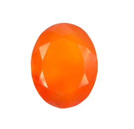 Photo of One shiny orange gemstone isolated on white, top view