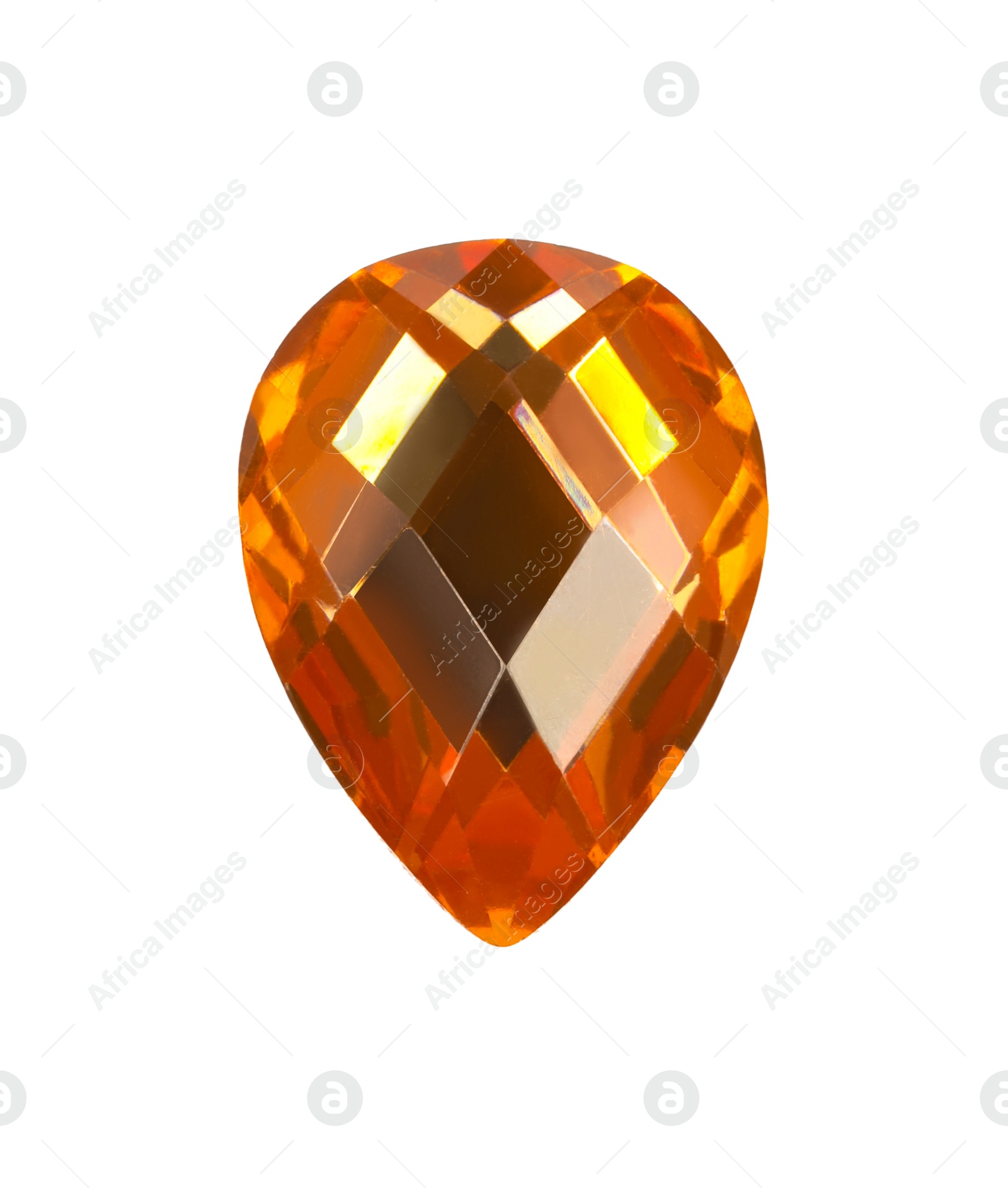 Photo of One shiny orange gemstone isolated on white, top view