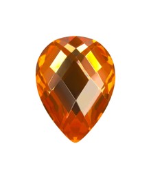 Photo of One shiny orange gemstone isolated on white, top view