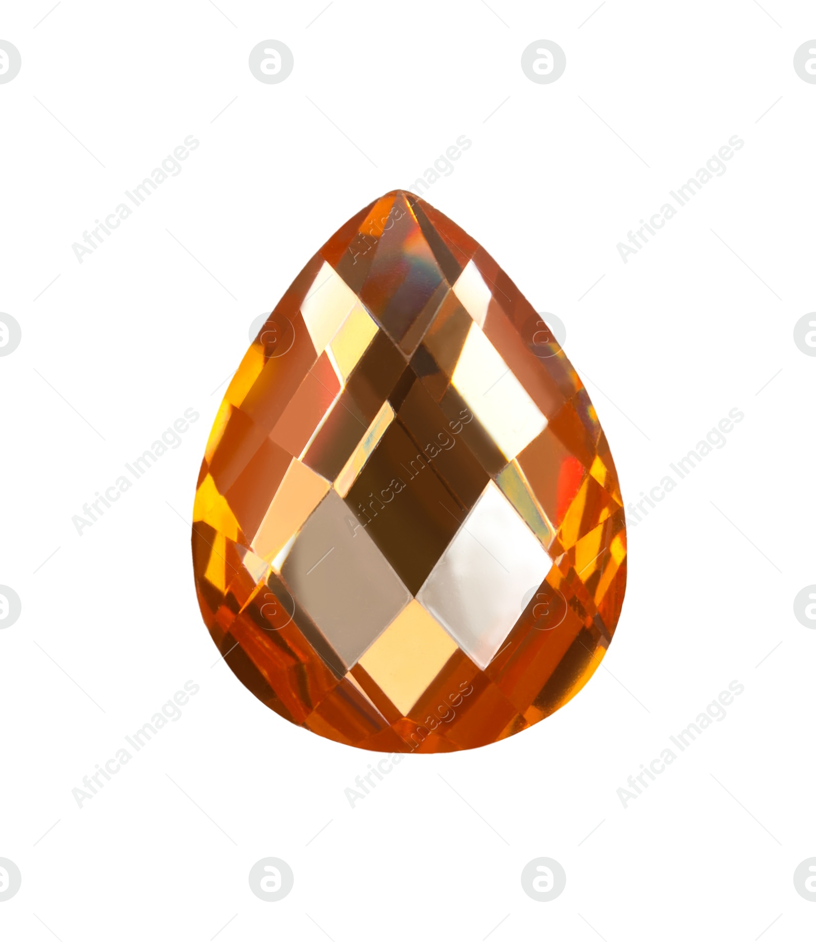 Photo of One shiny orange gemstone isolated on white, top view