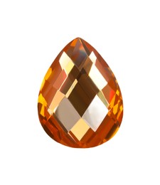 Photo of One shiny orange gemstone isolated on white, top view