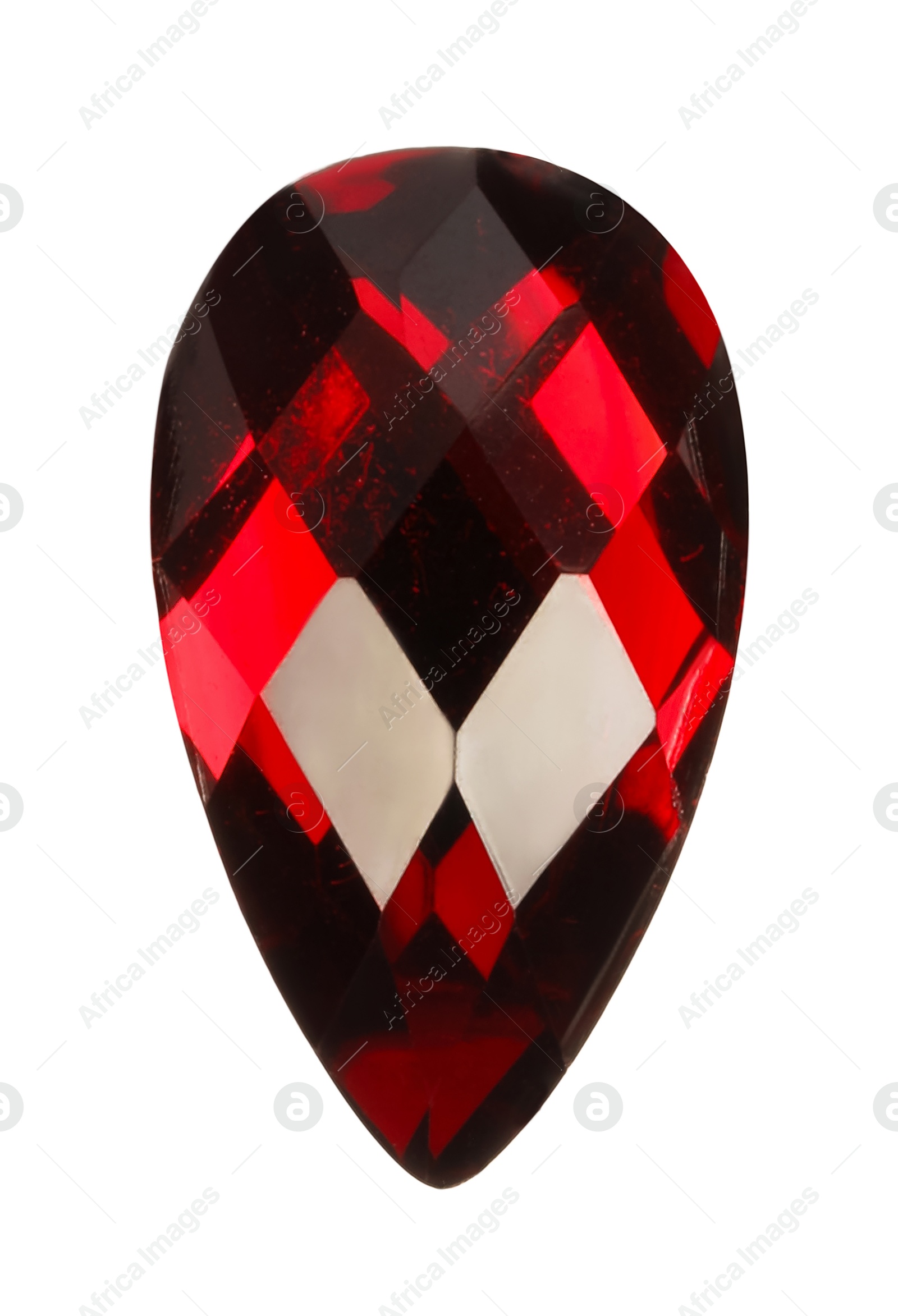 Photo of One shiny red gemstone isolated on white, top view