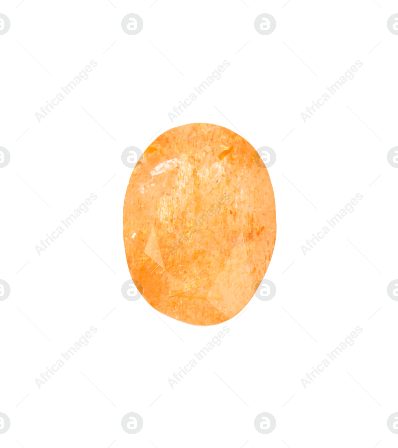 Photo of One shiny orange gemstone isolated on white, top view