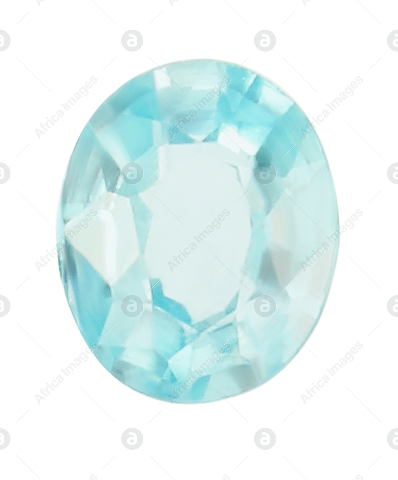 Photo of One shiny light blue gemstone isolated on white, top view