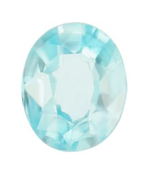 Photo of One shiny light blue gemstone isolated on white, top view