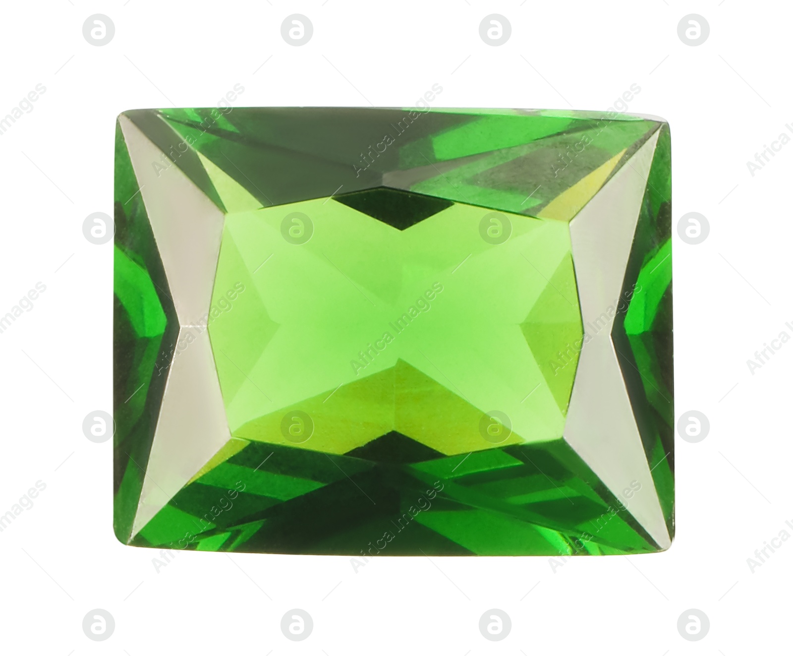 Photo of One shiny green gemstone isolated on white, top view