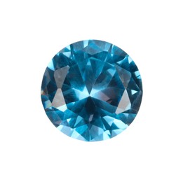 Photo of One shiny light blue gemstone isolated on white, top view