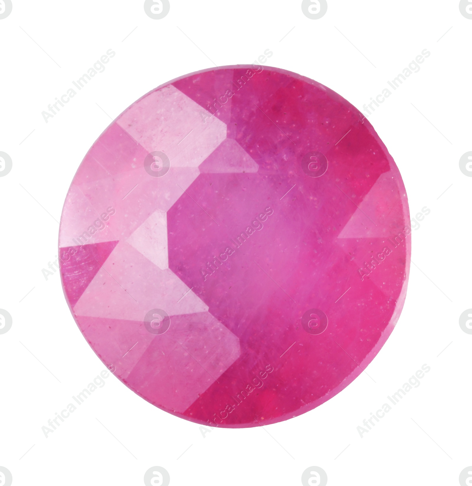 Photo of One shiny pink gemstone isolated on white, top view