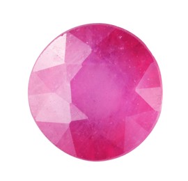 Photo of One shiny pink gemstone isolated on white, top view